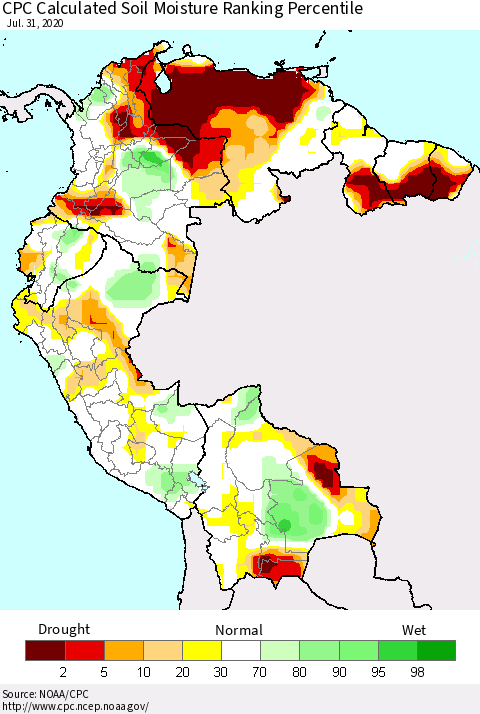 Northern South America CPC Soil Moisture Ranking Percentile (Leaky Bucket) Thematic Map For 7/26/2020 - 7/31/2020