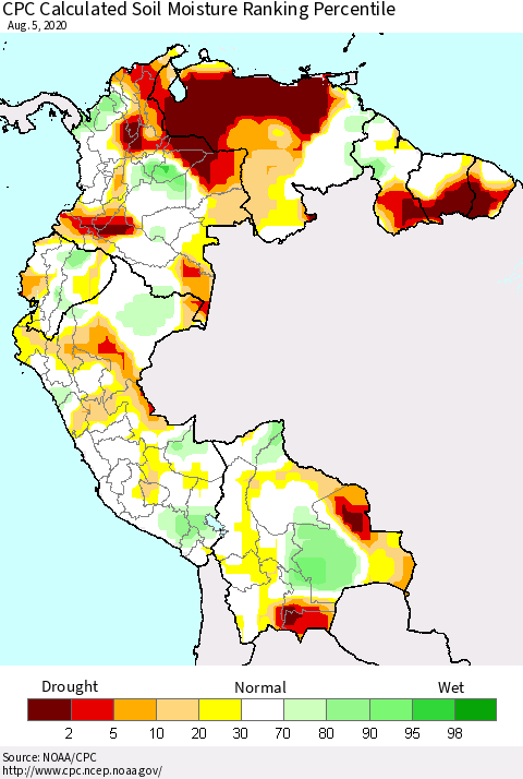 Northern South America CPC Calculated Soil Moisture Ranking Percentile Thematic Map For 8/1/2020 - 8/5/2020