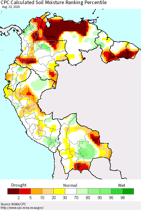 Northern South America CPC Soil Moisture Ranking Percentile (Leaky Bucket) Thematic Map For 8/6/2020 - 8/10/2020