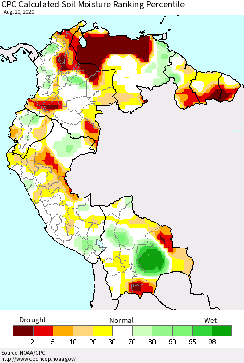 Northern South America CPC Calculated Soil Moisture Ranking Percentile Thematic Map For 8/16/2020 - 8/20/2020