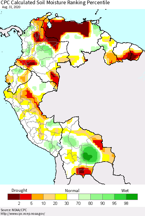 Northern South America CPC Calculated Soil Moisture Ranking Percentile Thematic Map For 8/26/2020 - 8/31/2020