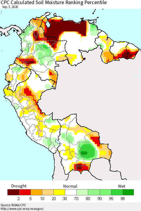 Northern South America CPC Soil Moisture Ranking Percentile (Leaky Bucket) Thematic Map For 9/1/2020 - 9/5/2020