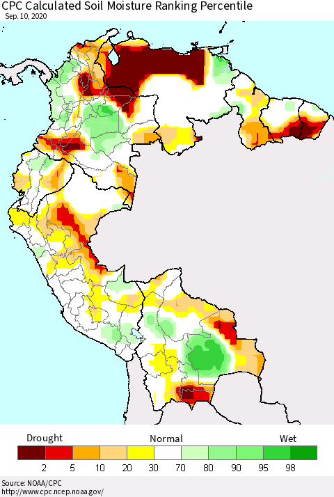 Northern South America CPC Calculated Soil Moisture Ranking Percentile Thematic Map For 9/6/2020 - 9/10/2020