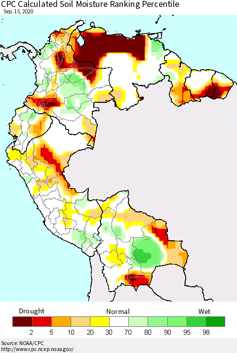 Northern South America CPC Soil Moisture Ranking Percentile (Leaky Bucket) Thematic Map For 9/11/2020 - 9/15/2020