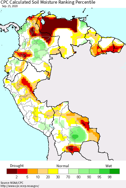 Northern South America CPC Calculated Soil Moisture Ranking Percentile Thematic Map For 9/21/2020 - 9/25/2020