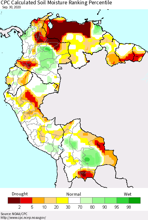 Northern South America CPC Calculated Soil Moisture Ranking Percentile Thematic Map For 9/26/2020 - 9/30/2020