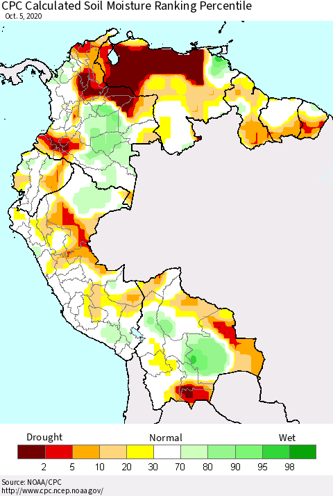 Northern South America CPC Calculated Soil Moisture Ranking Percentile Thematic Map For 10/1/2020 - 10/5/2020