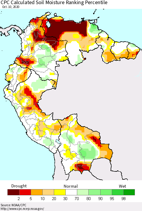 Northern South America CPC Calculated Soil Moisture Ranking Percentile Thematic Map For 10/6/2020 - 10/10/2020
