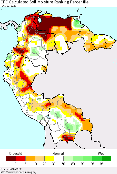 Northern South America CPC Soil Moisture Ranking Percentile (Leaky Bucket) Thematic Map For 10/16/2020 - 10/20/2020