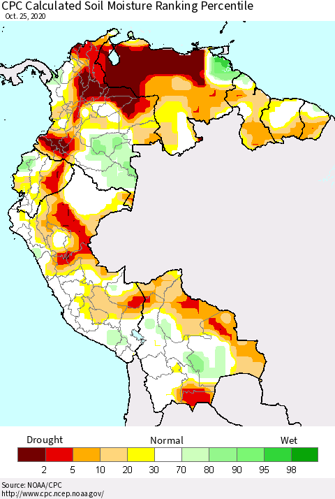 Northern South America CPC Calculated Soil Moisture Ranking Percentile Thematic Map For 10/21/2020 - 10/25/2020