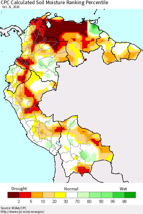 Northern South America CPC Calculated Soil Moisture Ranking Percentile Thematic Map For 10/26/2020 - 10/31/2020