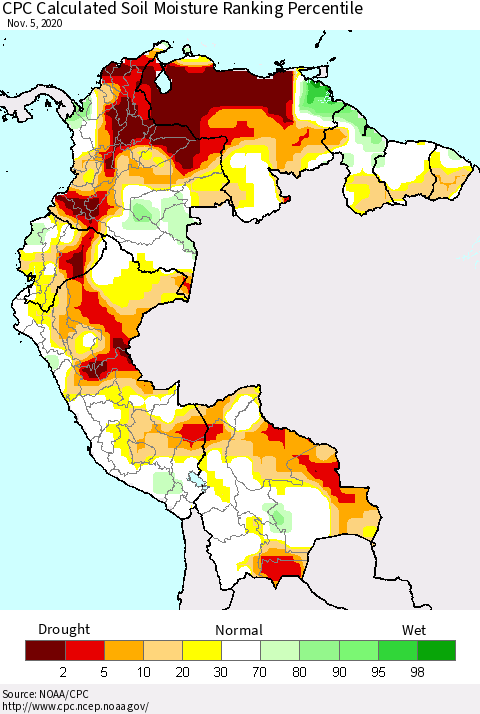 Northern South America CPC Calculated Soil Moisture Ranking Percentile Thematic Map For 11/1/2020 - 11/5/2020