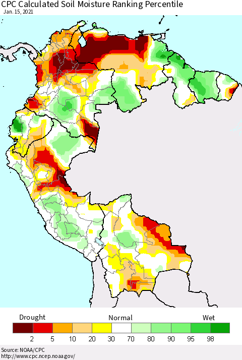 Northern South America CPC Soil Moisture Ranking Percentile (Leaky Bucket) Thematic Map For 1/11/2021 - 1/15/2021