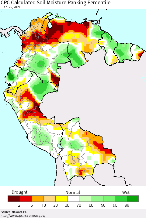 Northern South America CPC Calculated Soil Moisture Ranking Percentile Thematic Map For 1/21/2021 - 1/25/2021