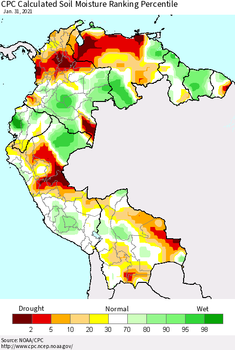 Northern South America CPC Calculated Soil Moisture Ranking Percentile Thematic Map For 1/26/2021 - 1/31/2021
