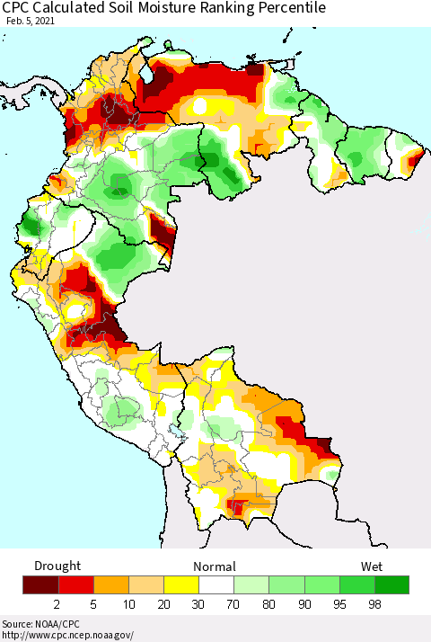 Northern South America CPC Calculated Soil Moisture Ranking Percentile Thematic Map For 2/1/2021 - 2/5/2021