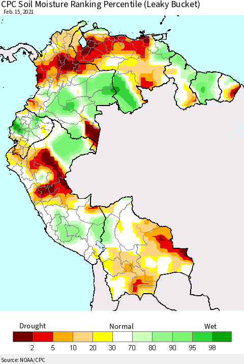 Northern South America CPC Soil Moisture Ranking Percentile (Leaky Bucket) Thematic Map For 2/11/2021 - 2/15/2021
