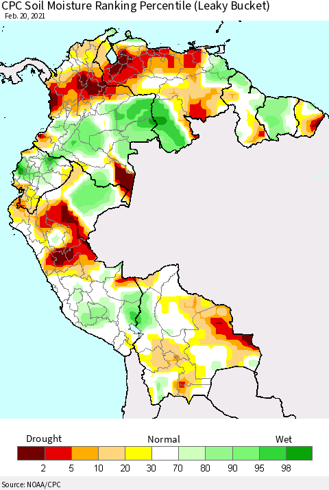 Northern South America CPC Calculated Soil Moisture Ranking Percentile Thematic Map For 2/16/2021 - 2/20/2021