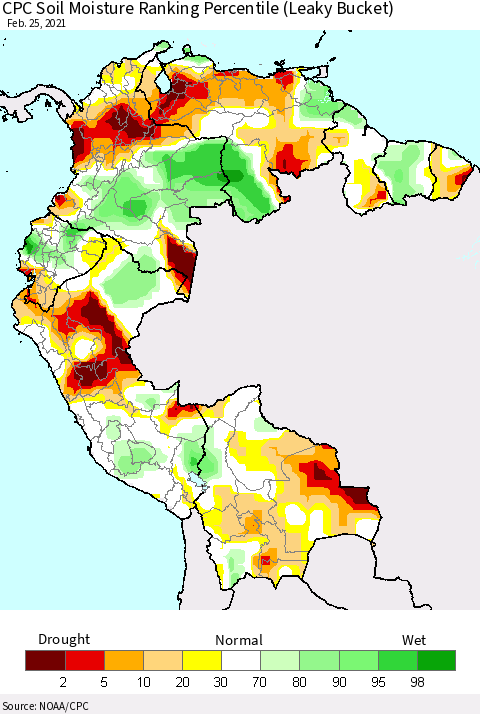 Northern South America CPC Calculated Soil Moisture Ranking Percentile Thematic Map For 2/21/2021 - 2/25/2021