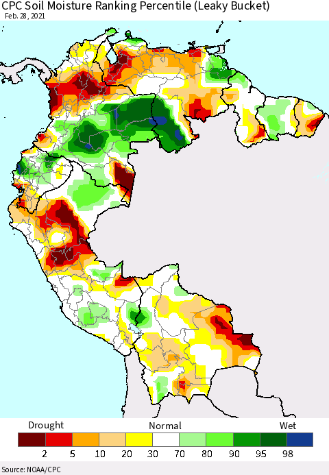 Northern South America CPC Calculated Soil Moisture Ranking Percentile Thematic Map For 2/26/2021 - 2/28/2021