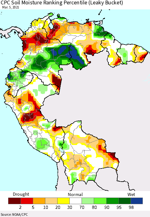 Northern South America CPC Soil Moisture Ranking Percentile (Leaky Bucket) Thematic Map For 3/1/2021 - 3/5/2021