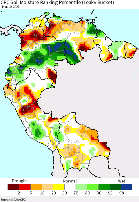 Northern South America CPC Calculated Soil Moisture Ranking Percentile Thematic Map For 3/6/2021 - 3/10/2021