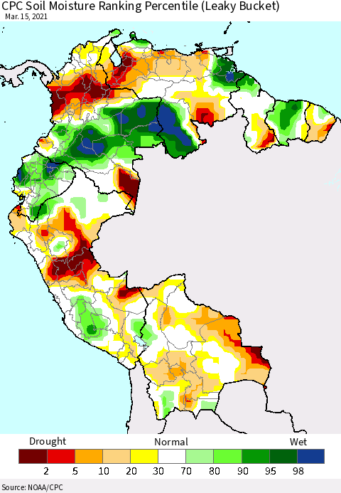 Northern South America CPC Calculated Soil Moisture Ranking Percentile Thematic Map For 3/11/2021 - 3/15/2021