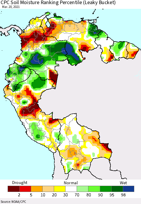 Northern South America CPC Calculated Soil Moisture Ranking Percentile Thematic Map For 3/16/2021 - 3/20/2021