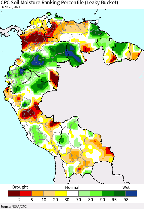 Northern South America CPC Soil Moisture Ranking Percentile (Leaky Bucket) Thematic Map For 3/21/2021 - 3/25/2021
