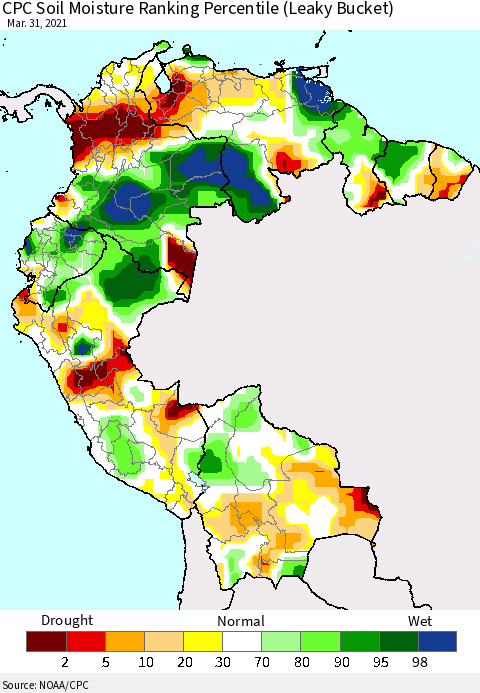 Northern South America CPC Calculated Soil Moisture Ranking Percentile Thematic Map For 3/26/2021 - 3/31/2021