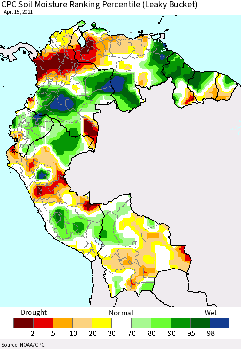 Northern South America CPC Calculated Soil Moisture Ranking Percentile Thematic Map For 4/11/2021 - 4/15/2021