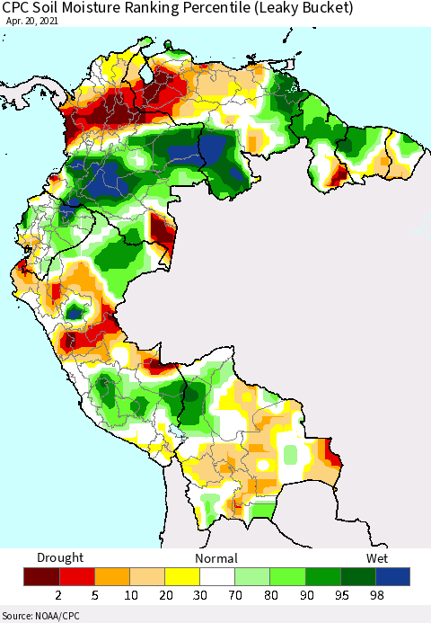 Northern South America CPC Calculated Soil Moisture Ranking Percentile Thematic Map For 4/16/2021 - 4/20/2021