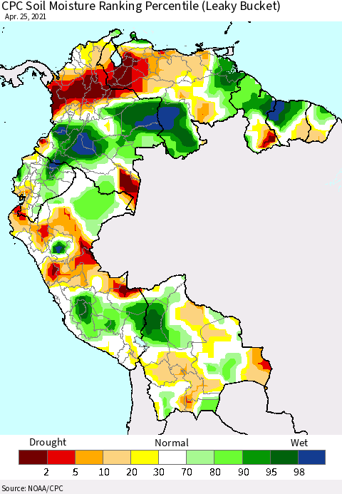Northern South America CPC Calculated Soil Moisture Ranking Percentile Thematic Map For 4/21/2021 - 4/25/2021