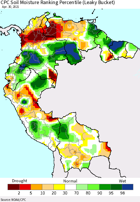 Northern South America CPC Calculated Soil Moisture Ranking Percentile Thematic Map For 4/26/2021 - 4/30/2021