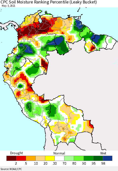 Northern South America CPC Calculated Soil Moisture Ranking Percentile Thematic Map For 5/1/2021 - 5/5/2021