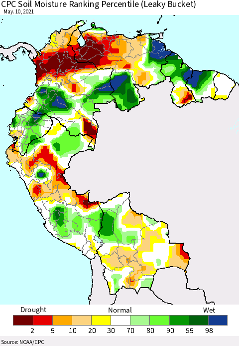 Northern South America CPC Calculated Soil Moisture Ranking Percentile Thematic Map For 5/6/2021 - 5/10/2021