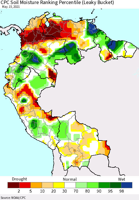 Northern South America CPC Soil Moisture Ranking Percentile (Leaky Bucket) Thematic Map For 5/11/2021 - 5/15/2021