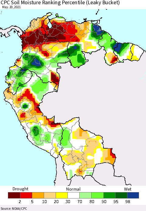 Northern South America CPC Calculated Soil Moisture Ranking Percentile Thematic Map For 5/16/2021 - 5/20/2021