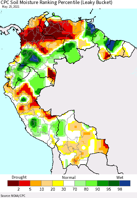 Northern South America CPC Soil Moisture Ranking Percentile (Leaky Bucket) Thematic Map For 5/21/2021 - 5/25/2021