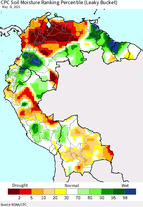 Northern South America CPC Calculated Soil Moisture Ranking Percentile Thematic Map For 5/26/2021 - 5/31/2021