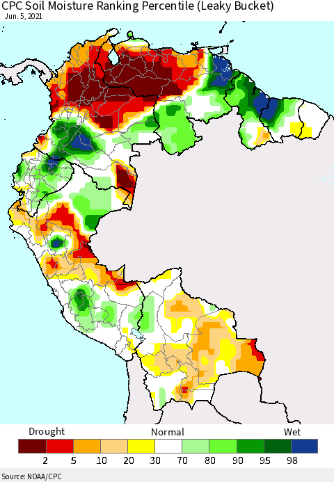 Northern South America CPC Calculated Soil Moisture Ranking Percentile Thematic Map For 6/1/2021 - 6/5/2021