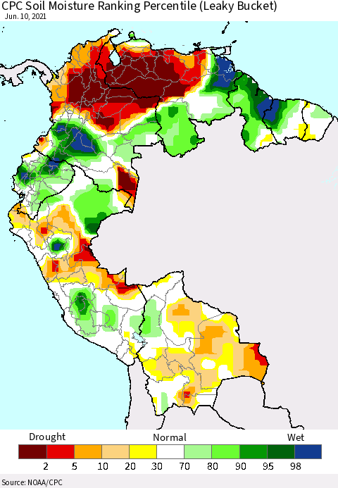 Northern South America CPC Calculated Soil Moisture Ranking Percentile Thematic Map For 6/6/2021 - 6/10/2021