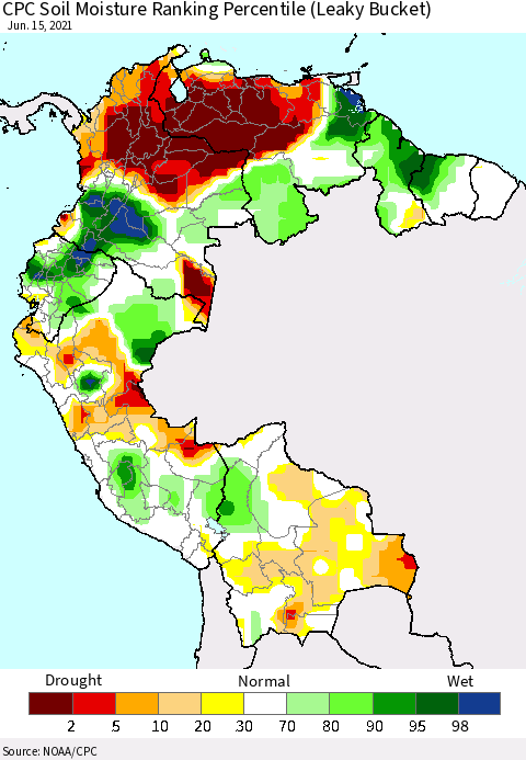 Northern South America CPC Calculated Soil Moisture Ranking Percentile Thematic Map For 6/11/2021 - 6/15/2021