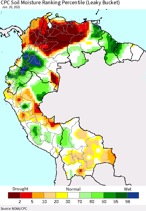 Northern South America CPC Calculated Soil Moisture Ranking Percentile Thematic Map For 6/16/2021 - 6/20/2021