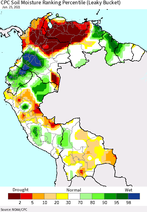 Northern South America CPC Calculated Soil Moisture Ranking Percentile Thematic Map For 6/21/2021 - 6/25/2021
