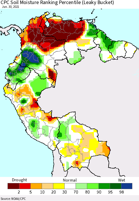 Northern South America CPC Calculated Soil Moisture Ranking Percentile Thematic Map For 6/26/2021 - 6/30/2021