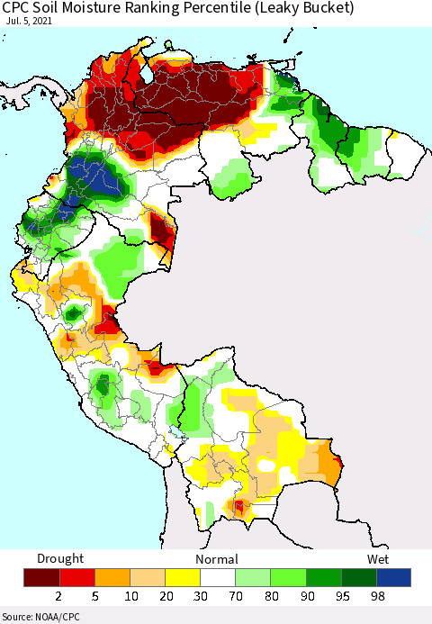 Northern South America CPC Calculated Soil Moisture Ranking Percentile Thematic Map For 7/1/2021 - 7/5/2021