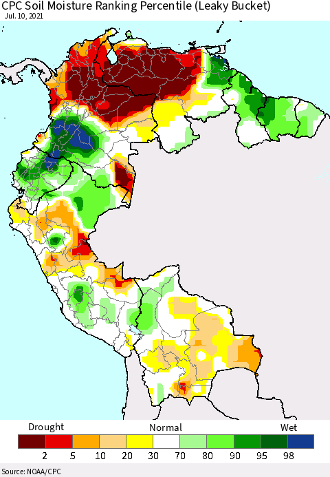 Northern South America CPC Calculated Soil Moisture Ranking Percentile Thematic Map For 7/6/2021 - 7/10/2021