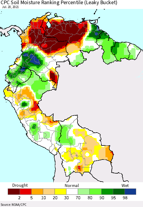 Northern South America CPC Calculated Soil Moisture Ranking Percentile Thematic Map For 7/16/2021 - 7/20/2021