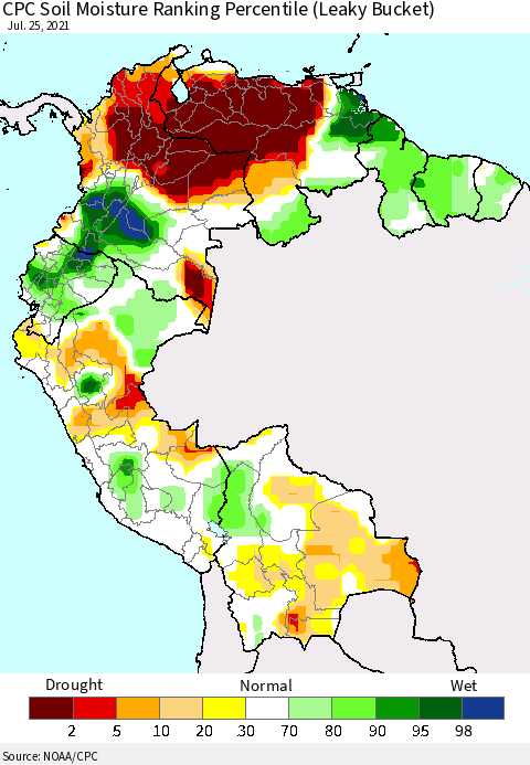 Northern South America CPC Calculated Soil Moisture Ranking Percentile Thematic Map For 7/21/2021 - 7/25/2021